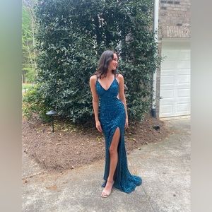 Paul Rekhi teal sequin prom dress